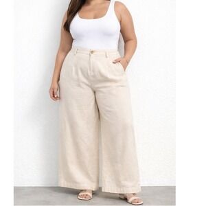 Cream Linen Blend Wide Leg Pants XL High Rise Minimalist Coastal Chic Trousers